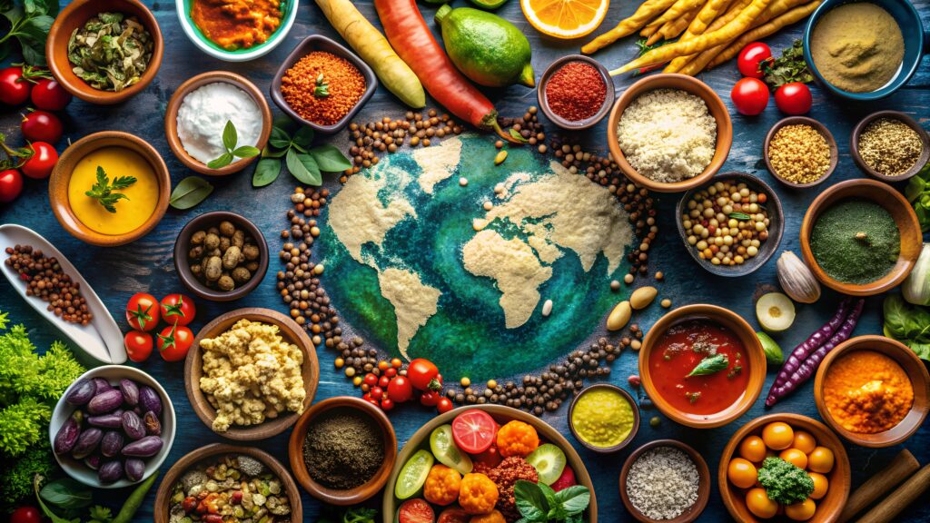 Planet surrounded with colourful vegetables